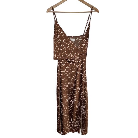 Urban Outfitters Womens Midi Slip Dress Large Brown Satin Polka Dot Front Slit - Picture 3 of 12